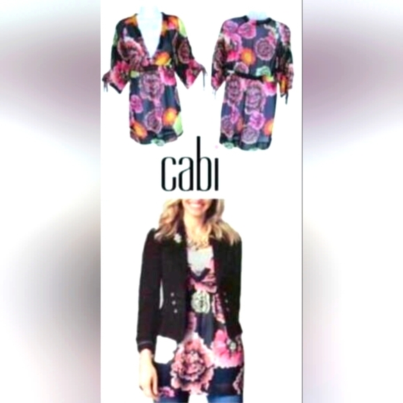 CAbi Women’s Size Small Tunic Sheer V-Neck Black Floral ✨ 3 /$13 ✨ - Picture 2 of 5
